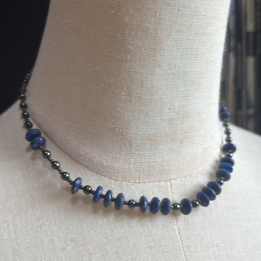 Vintage Silver Lapis Lazuli Bead Necklace – Delicate Station Style, 16"